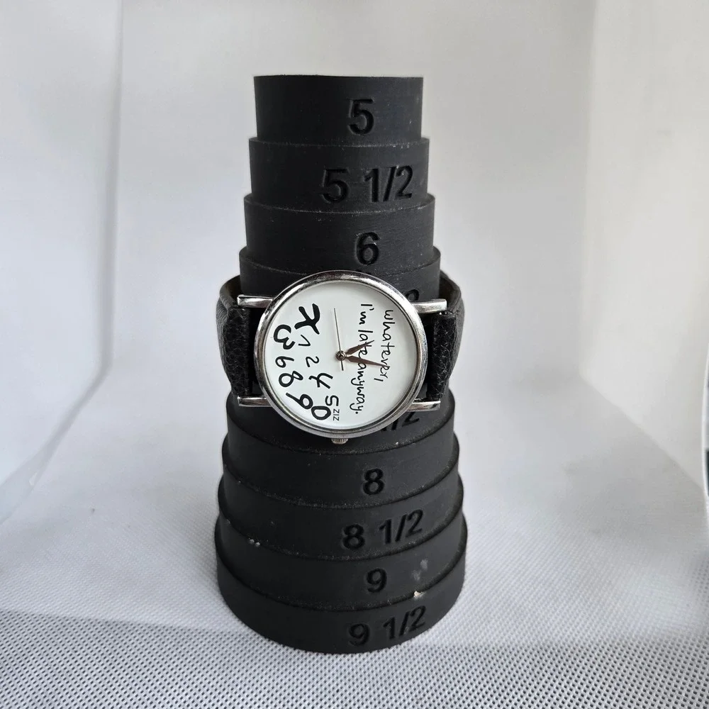 ZIZ Novelty Watch Whatever Im Late Anyway Silver Tone Black Leather 7